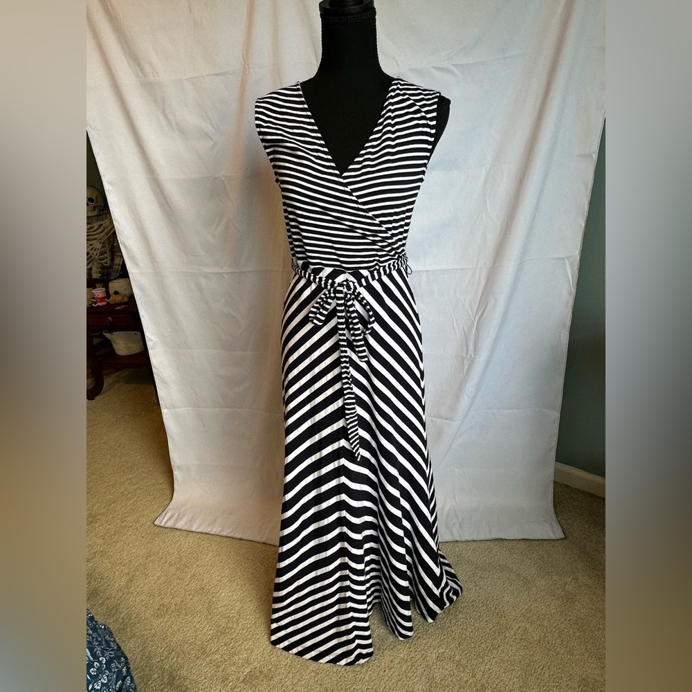 Navy Striped Wrapped front Jersey dress
